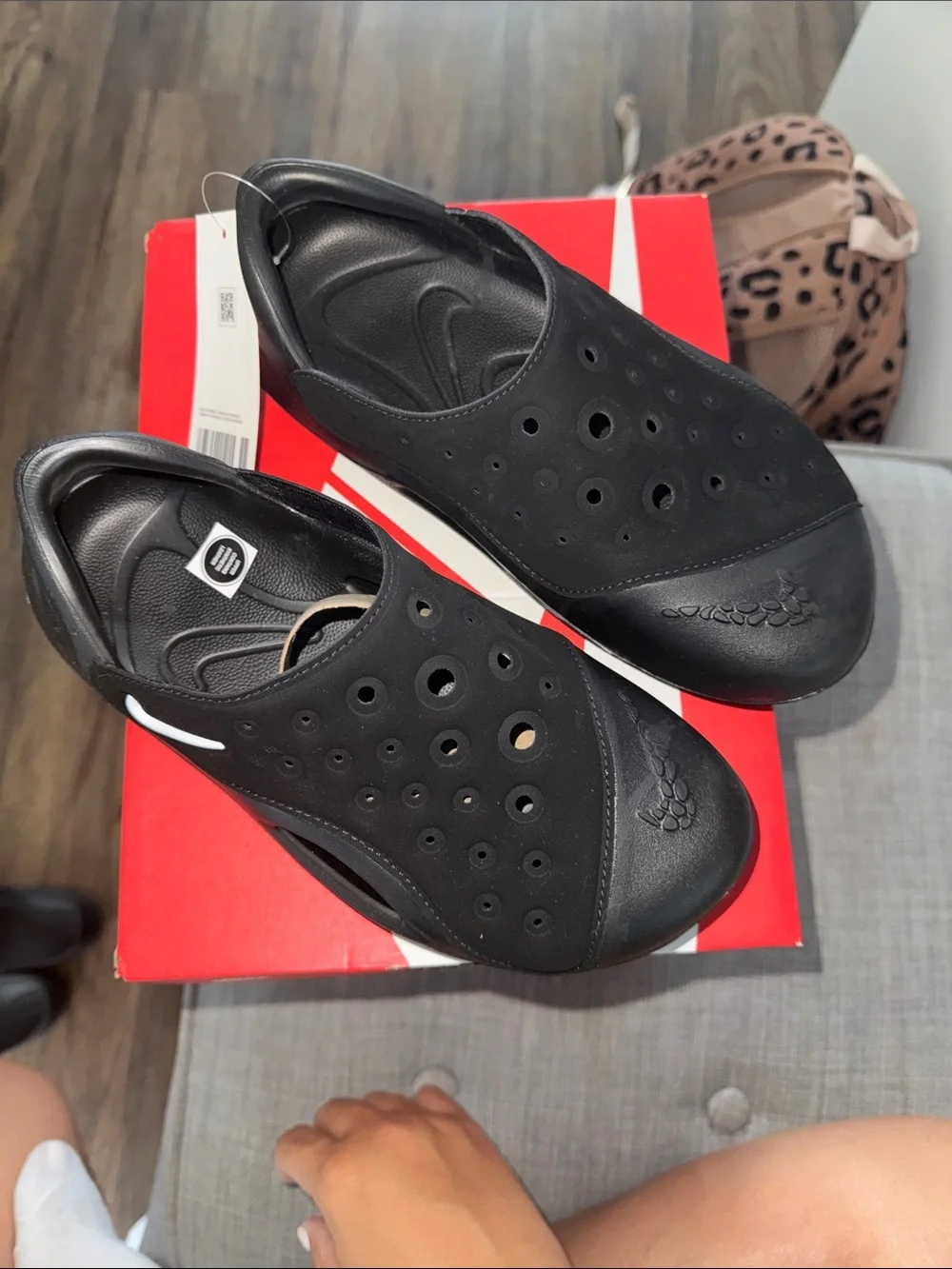 Kids Nike Black Slip-On Perforated Water Clogs with White Swoosh